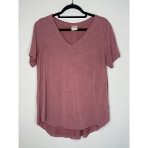 Mod Ref Women's V Neck Dusty Rose Top Lip Gloss Size M High Low Pleated Back